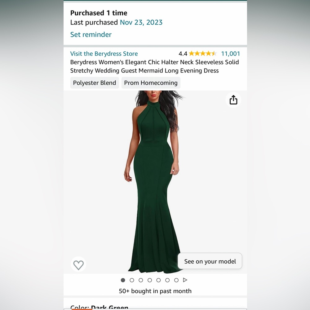 High Neck Green Gown Unaltered, Worn Once size Medium.